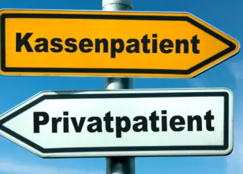 Zwei Straßenschilder zeigen in entgegengesetzte Richtungen – oben "Kassenpatient" (GKV) in Gelb, unten "Privatpatient" (PKV) in Weiß